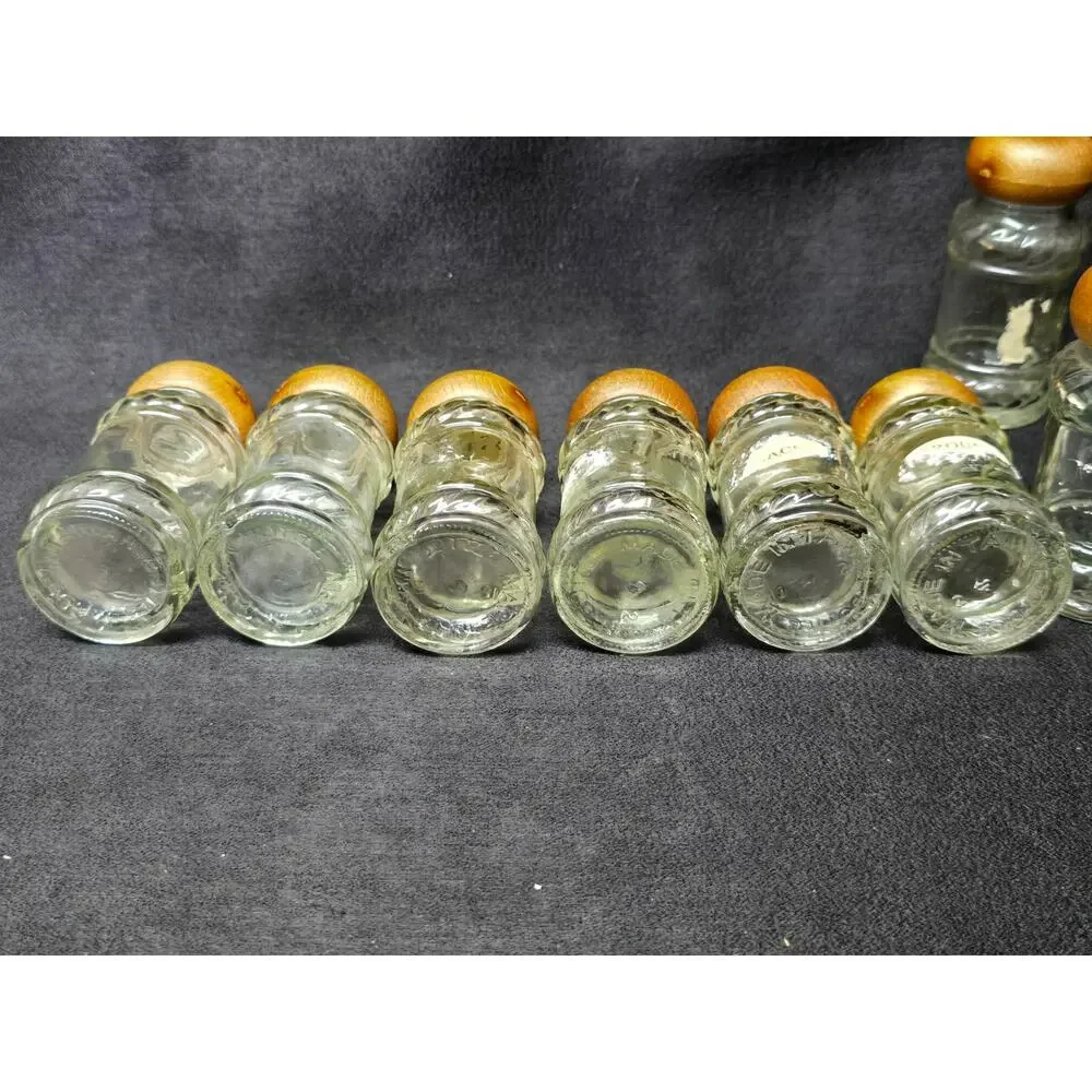 Vintage Glass Spice Bottles Shaker Jars With Faux Wood Lids Lot Of 12